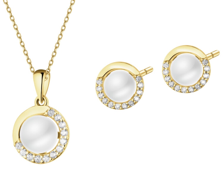 Złote kolczyki i zawieszka z perłami i cyrkoniami - komplet