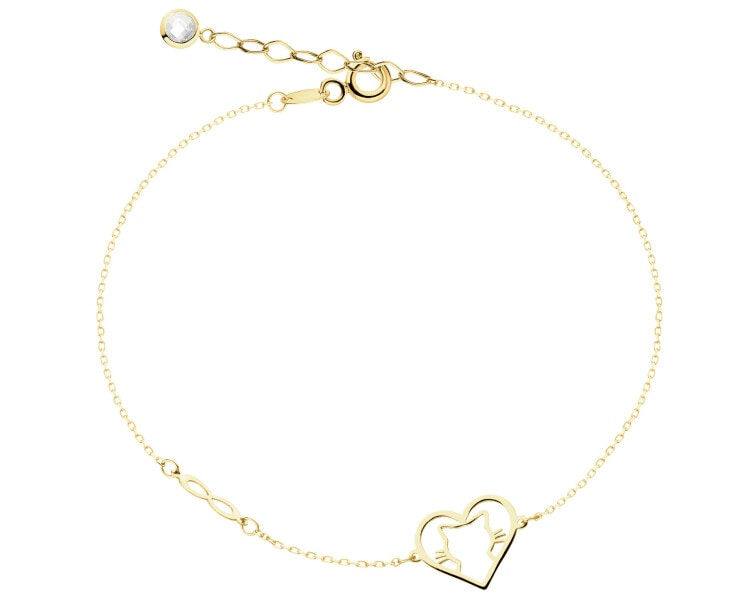 Złota bransoletka z cyrkonią  - nieskończoność, serce, kot