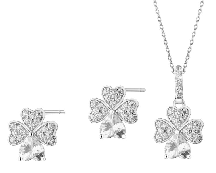 Srebrne kolczyki i zawieszka z cyrkoniami - komplet - koniczyny