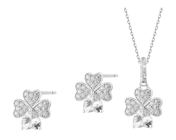 Stříbrné náušnice a přívěsek se zirkony - souprava - čtyřlístky