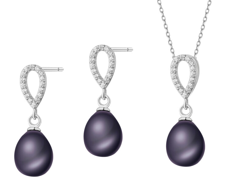 Srebrne kolczyki i zawieszka z perłami i cyrkoniami - komplet
