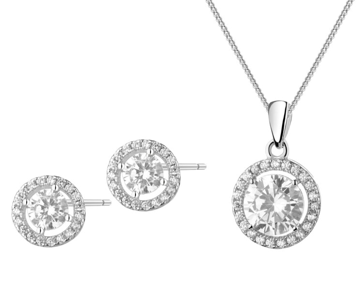 Srebrne kolczyki i zawieszka z cyrkoniami, łańcuszek - komplet