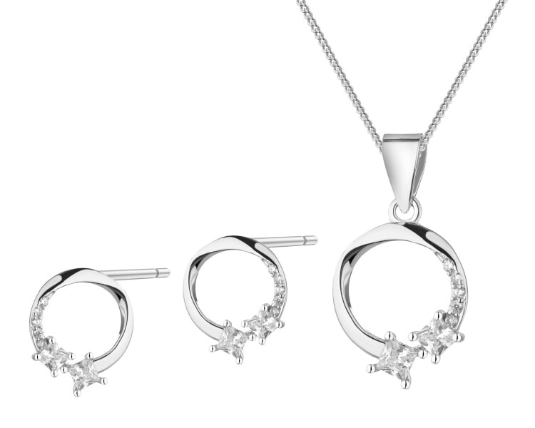 Srebrne kolczyki i zawieszka z cyrkoniami, łańcuszek - komplet