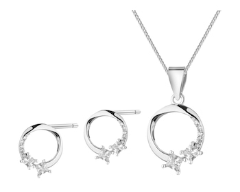 Stříbrné náušnice a přívěsek se zirkony, řetízek- souprava