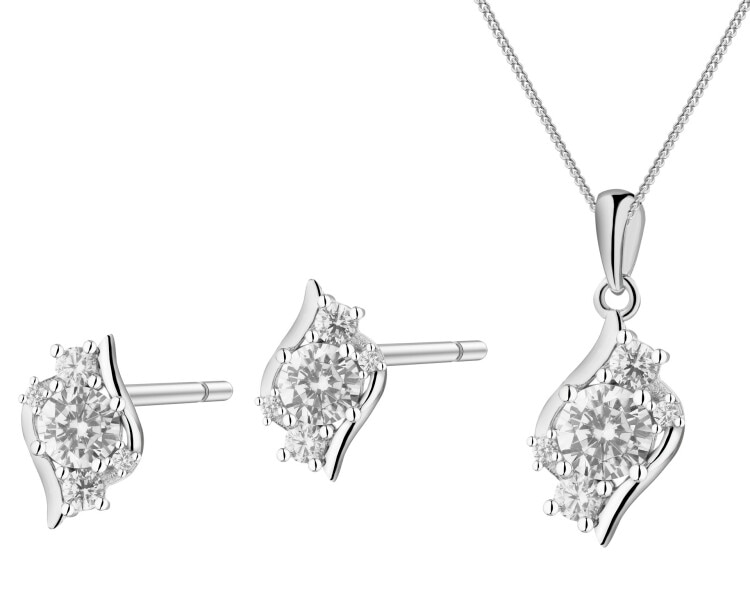 Srebrne kolczyki i zawieszka z cyrkoniami, łańcuszek - komplet