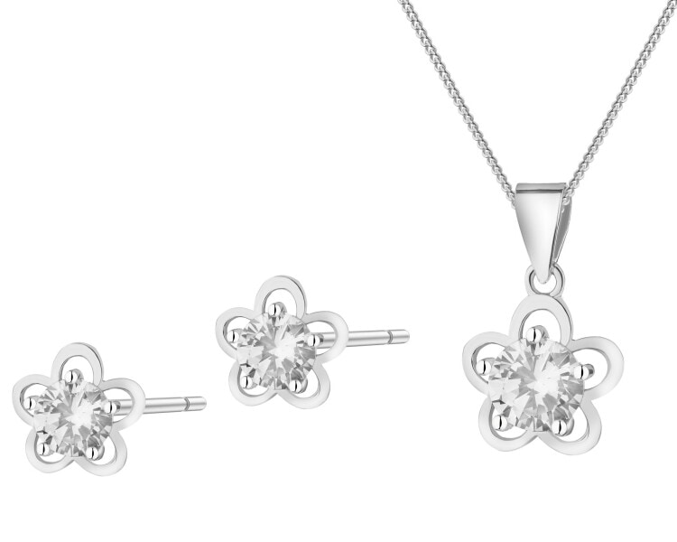 Srebrne kolczyki i zawieszka z cyrkoniami, łańcuszek - komplet - kwiaty