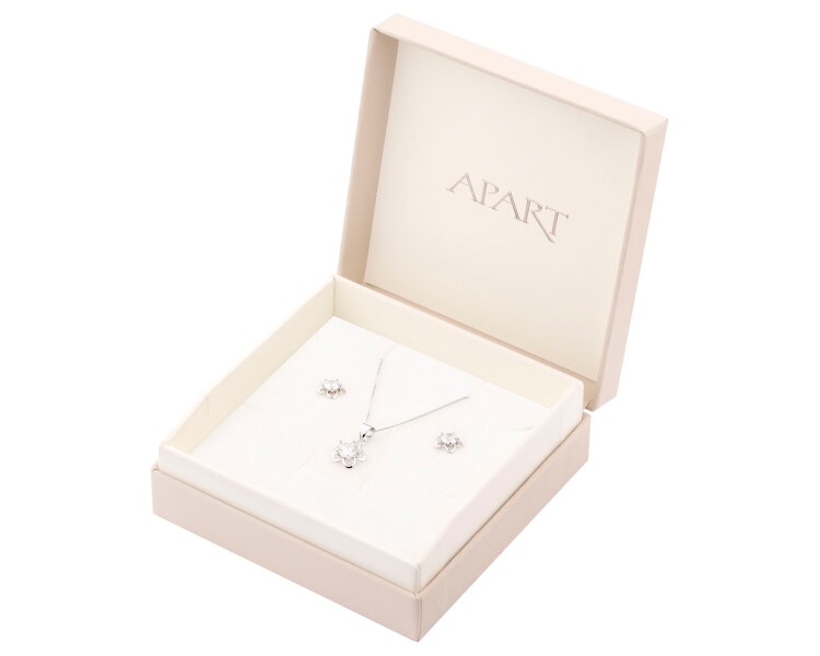 Srebrne kolczyki i zawieszka z cyrkoniami, łańcuszek - komplet - kwiaty