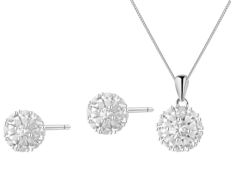 Srebrne kolczyki i zawieszka z cyrkoniami, łańcuszek - komplet