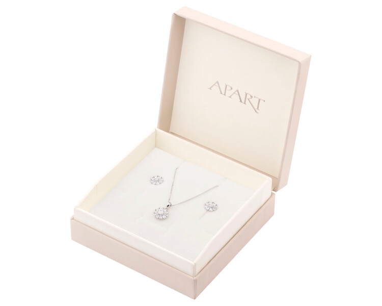 Srebrne kolczyki i zawieszka z cyrkoniami, łańcuszek - komplet