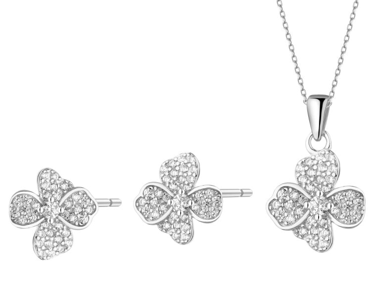 Srebrne kolczyki i zawieszka z cyrkoniami - komplet - kwiaty