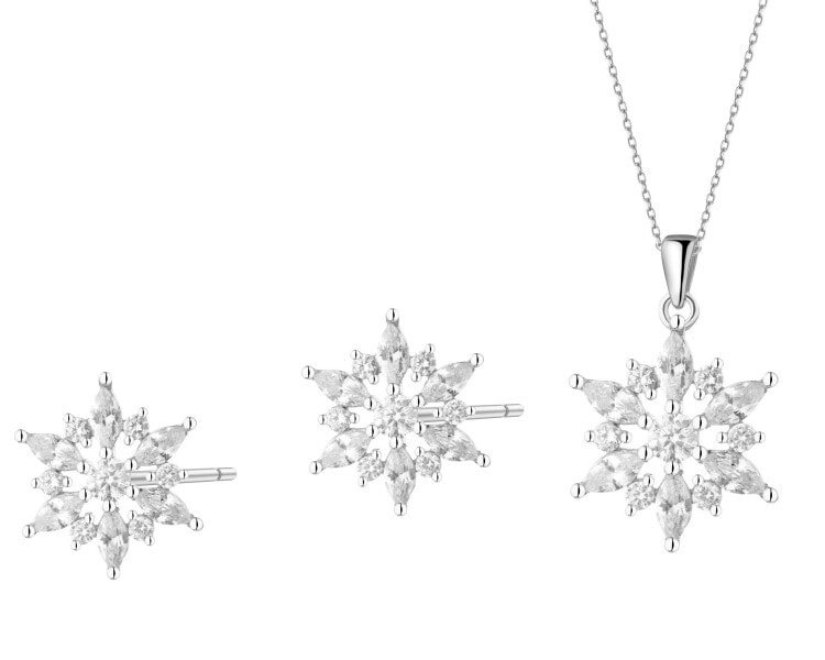 Srebrne kolczyki i zawieszka z cyrkoniami - komplet - rozety