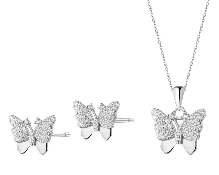 Srebrne kolczyki i zawieszka z cyrkoniami - komplet - motyle