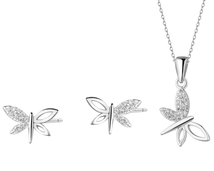 Srebrne kolczyki i zawieszka z cyrkoniami - komplet - ważki