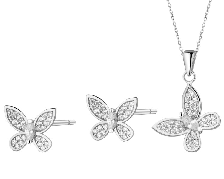 Srebrne kolczyki i zawieszka z cyrkoniami - komplet - motyle