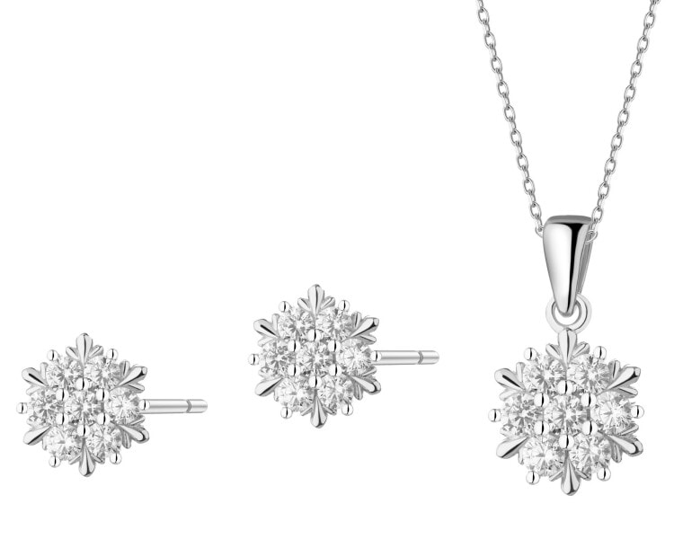Srebrne kolczyki i zawieszka z cyrkoniami - komplet - śnieżynki