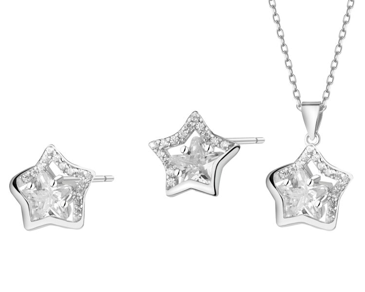 Srebrne kolczyki i zawieszka z cyrkoniami - komplet - gwiazdy