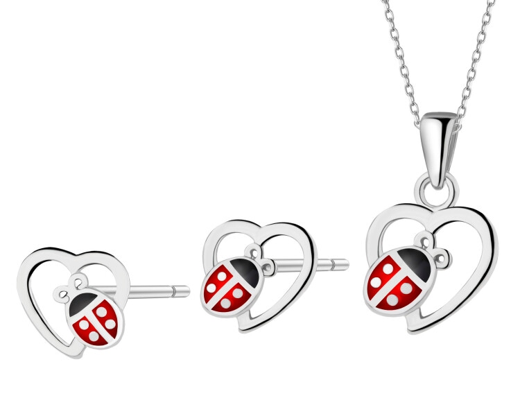 Srebrne kolczyki i zawieszka z emalią - komplet - biedronki, serca