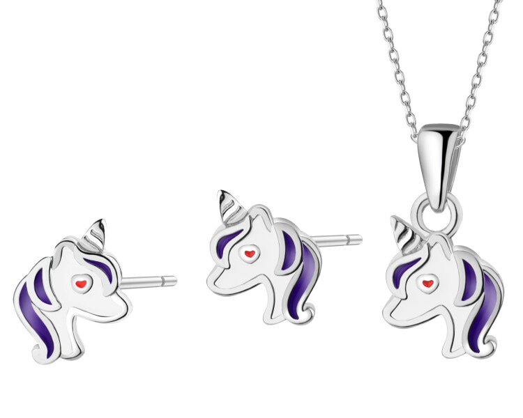 Srebrne kolczyki i zawieszka z emalią - komplet - jednorożce