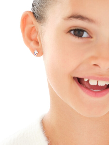 Srebrne kolczyki i zawieszka z emalią - komplet - jednorożce