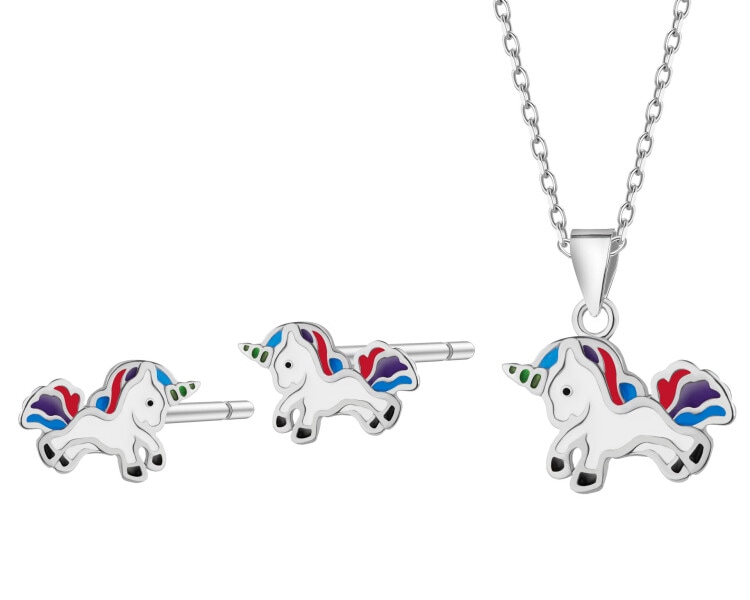 Srebrne kolczyki i zawieszka z emalią - komplet - jednorożce