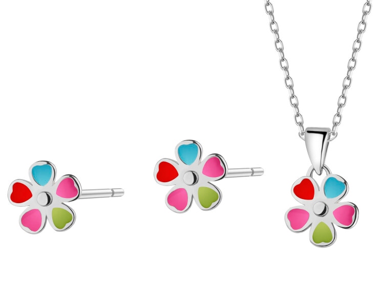Srebrne kolczyki i zawieszka z emalią - komplet - kwiaty