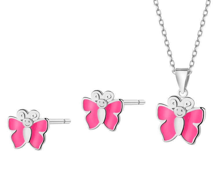 Srebrne kolczyki i zawieszka z emalią - komplet - motyle