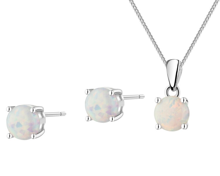 Stříbrné náušnice a přívěsek se syntetickými opály, řetízek - souprava