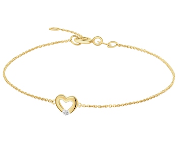 Bransoletka z żółtego złota z diamentem - serce - 0,004 ct - próba 375