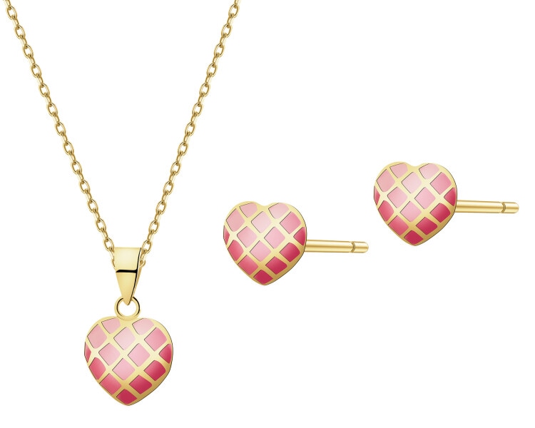 Złote kolczyki i zawieszka z emalią - komplet - serca