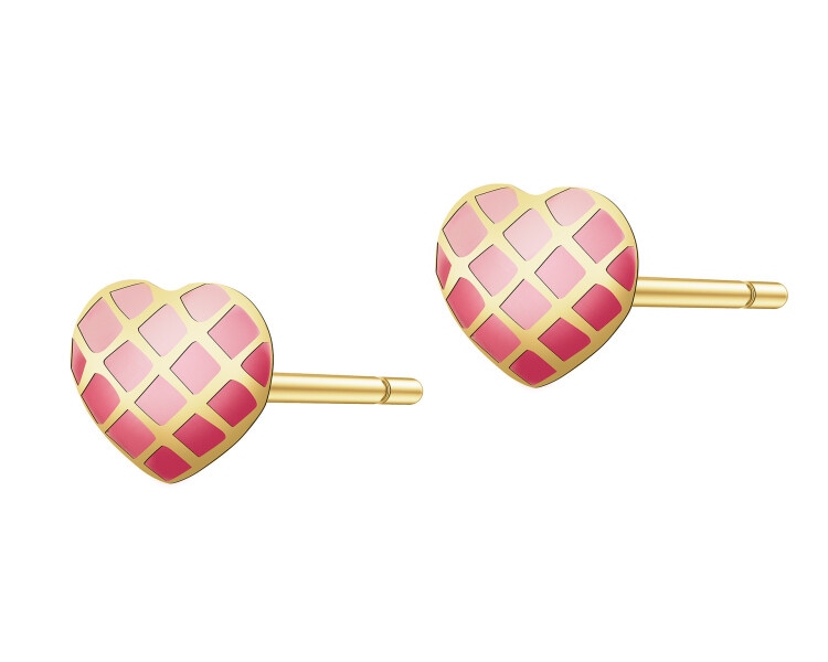 Złote kolczyki i zawieszka z emalią - komplet - serca