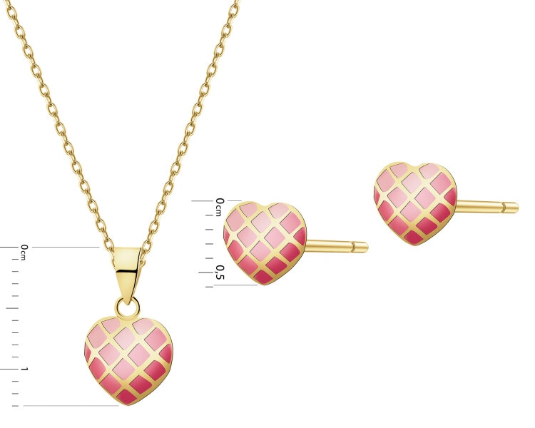 Złote kolczyki i zawieszka z emalią - komplet - serca