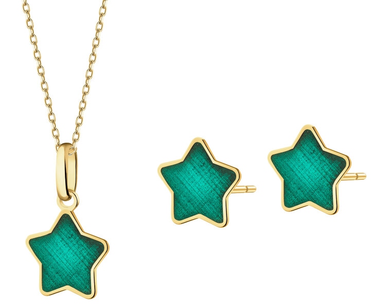 Złote kolczyki i zawieszka z emalią - komplet - gwiazdy