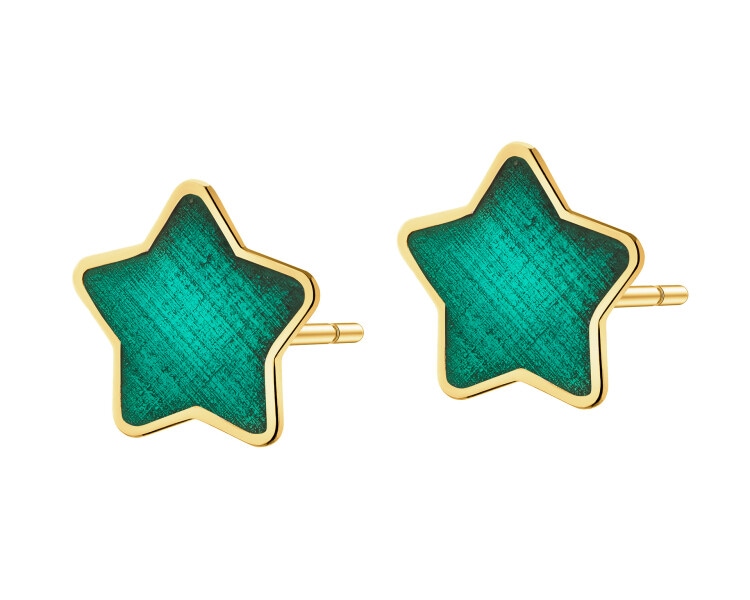 Złote kolczyki i zawieszka z emalią - komplet - gwiazdy