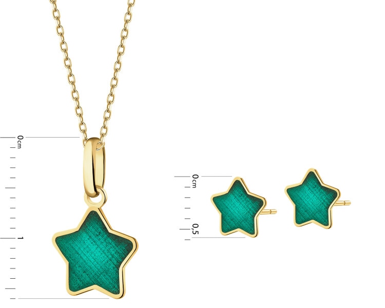 Złote kolczyki i zawieszka z emalią - komplet - gwiazdy
