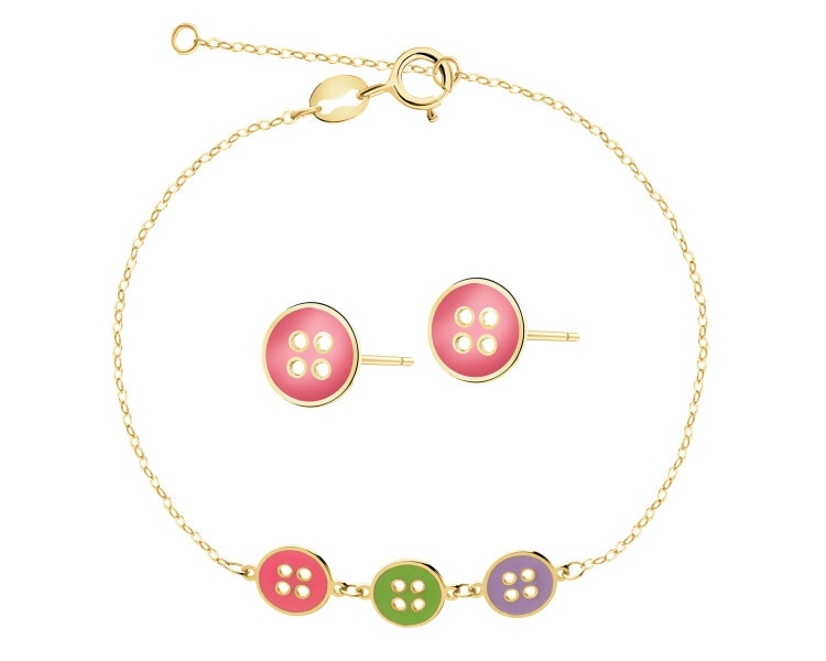 Złote kolczyki i bransoletka z emalią - komplet - guziki