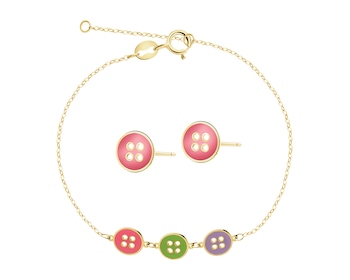 Złote kolczyki i bransoletka z emalią - komplet - guziki