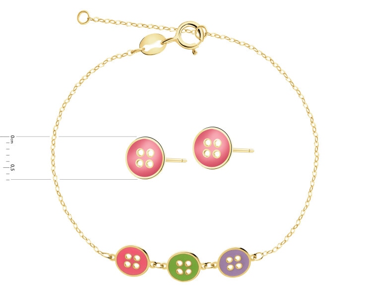 Złote kolczyki i bransoletka z emalią - komplet - guziki