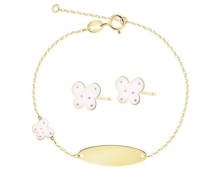 Złote kolczyki i bransoletka z emalią - komplet - motyle