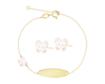 Złote kolczyki i bransoletka z emalią - komplet - motyle