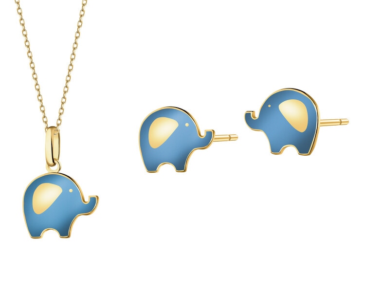 Zlaté náušnice a přívěsek se smaltem - souprava - sloni