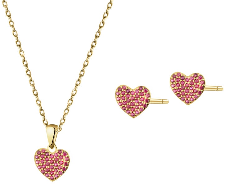 Złote kolczyki i zawieszka z rubinami syntetycznymi - komplet - serca