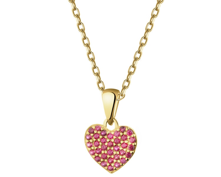 Złote kolczyki i zawieszka z rubinami syntetycznymi - komplet - serca