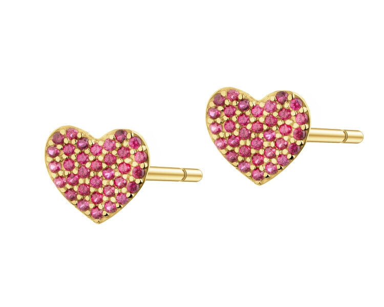 Złote kolczyki i zawieszka z rubinami syntetycznymi - komplet - serca