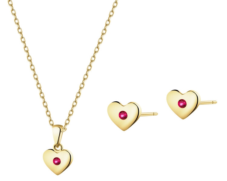 Złote kolczyki i zawieszka z rubinami syntetycznymi - komplet - serca