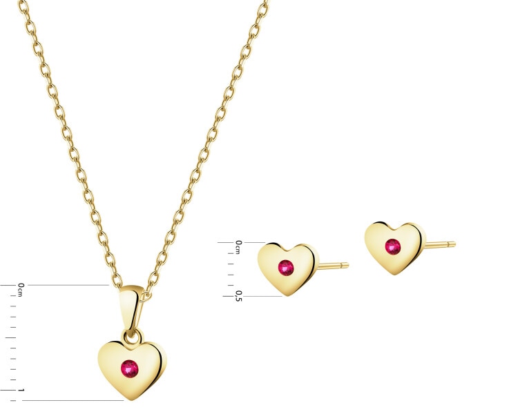 Złote kolczyki i zawieszka z rubinami syntetycznymi - komplet - serca