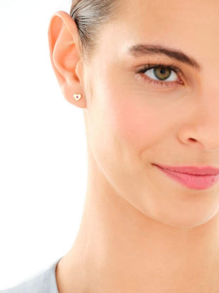 Złote kolczyki i zawieszka z rubinami syntetycznymi - komplet - serca