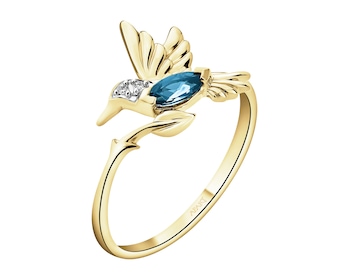 Pierścionek z żółtego złota z diamentami i topazem London Blue - koliber - próba 375