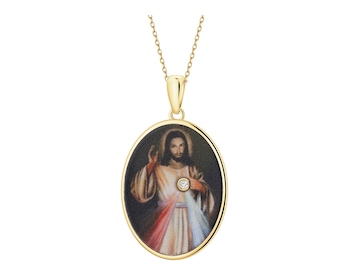 Zlatý náhrdelník s diamanty - medailonek Panna Maria, srdce - 0,01 ct - ryzost 585