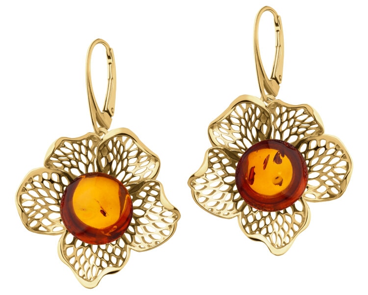 Stříbrné náušnice s jantarem - květy