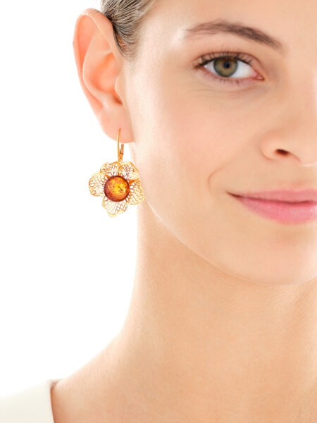 Stříbrné náušnice s jantarem - květy